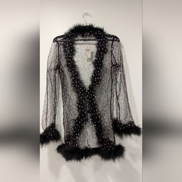 Black mesh robe with fur, one size, bnwt - Picture 2 of 2